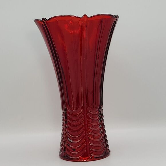 High 9.5in Embossed Flared Glass Vase Art Deco Style Design Red - Picture 7 of 10